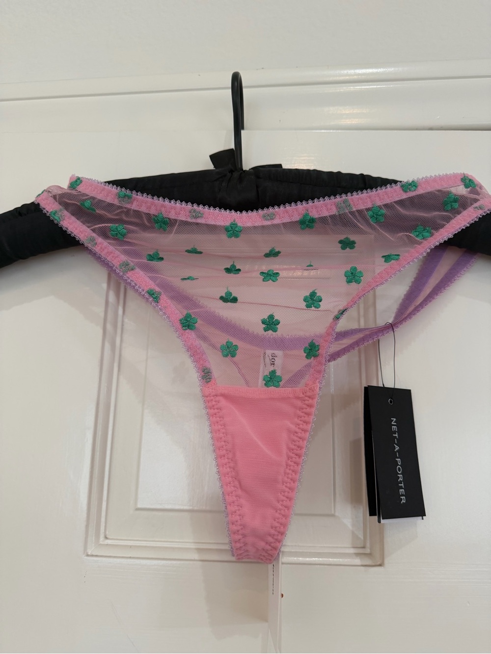 Dora Larsen new Pink Mesh Thong with Green Floral Accents